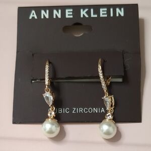 Anne Klein Gold and Pearl Dangle Earrings With Cubic Zirconia Crystals